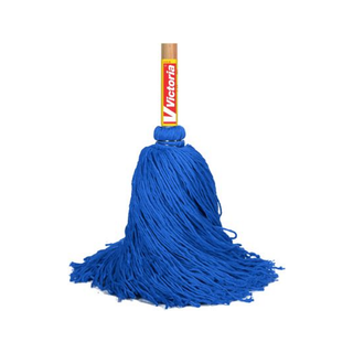 Trapeador Industrial Forjado de Microfibra marca Victoria 500 g con Bastón de Madera 1.30 m color Azul