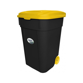 Cesto marca Sablón 145 L con Tapa Amarilla Ruedas y Eje Metálico color Negro